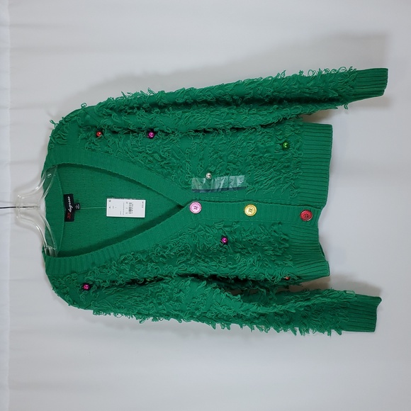 Women's Fuzzy Long Sleeve Button Cardigan With Ornament Details ~ Green - Picture 2 of 12
